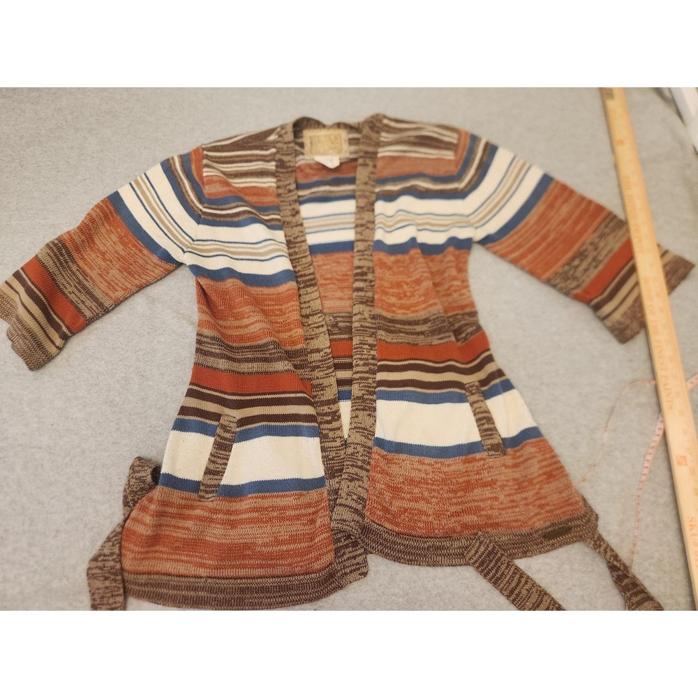 Vtg Y2K Billabong‎ Sweater Cardigan Womens Medium Brown Stripe Tie Waist Boho